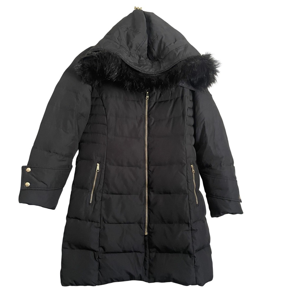 Calvin Klein Long Black‎ Hooded Duck Down Puffer Coat Parka Fur Trim L  Mob Wife